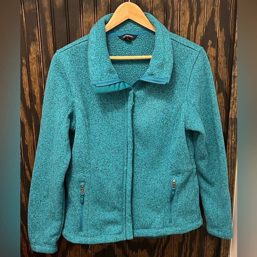 Lands End Women’s Aqua Green Sweater Fleece Jacket Size Medium